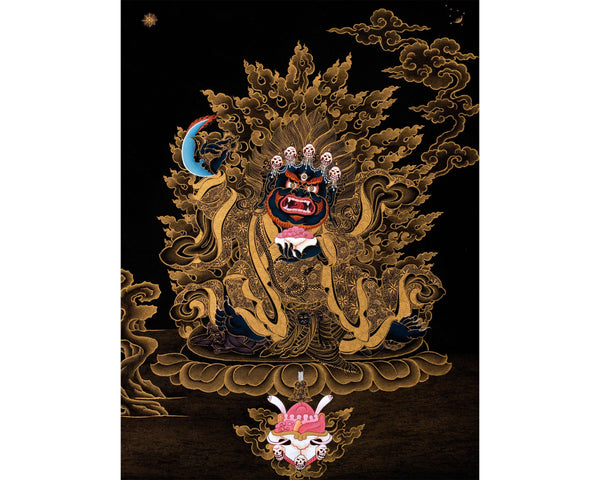 Mahakala Bernagchen Thangka, Traditional Black & Gold Tibetan Thangka Painting, includes Traditional Silk Brocade