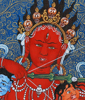 Kurukulla, Tibetan Thangka in Natural Stone Colors, Dakini