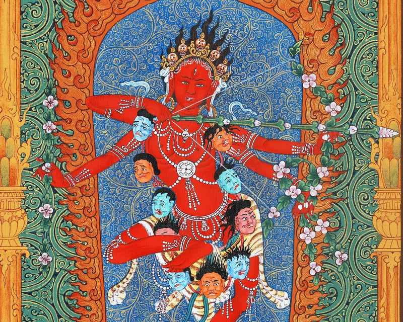 Kurukulla, Tibetan Thangka in Natural Stone Colors, Dakini