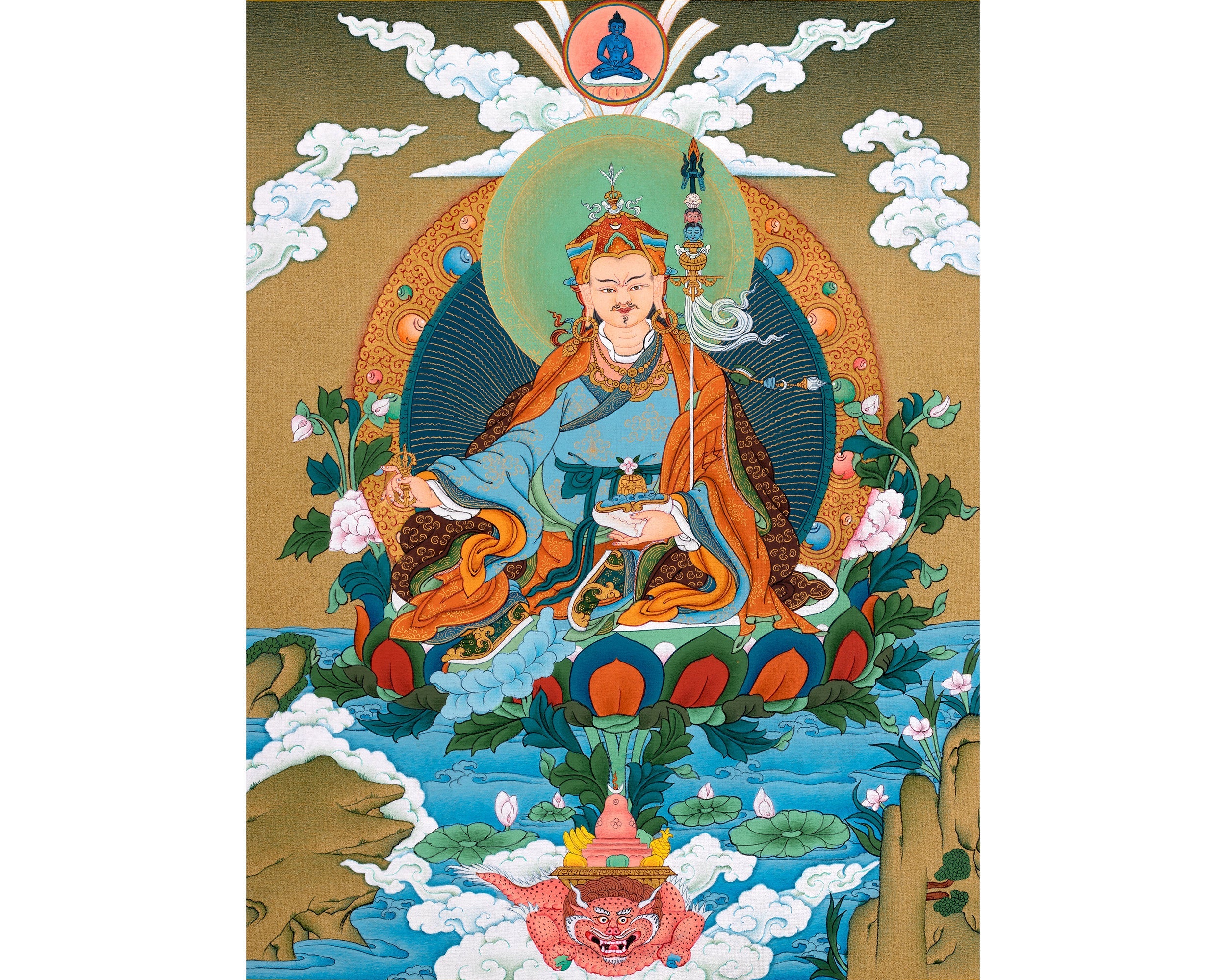 Guru Rinpoche Thangka | Traditional Tibetan Art in 24K Gold