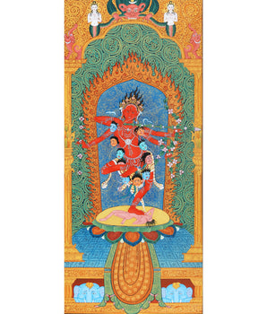 Kurukulla, Tibetan Thangka in Natural Stone Colors, Dakini