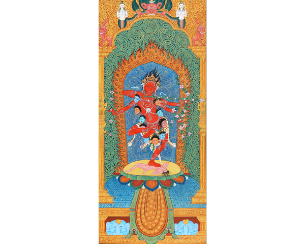 Kurukulla, Tibetan Thangka in Natural Stone Colors, Dakini