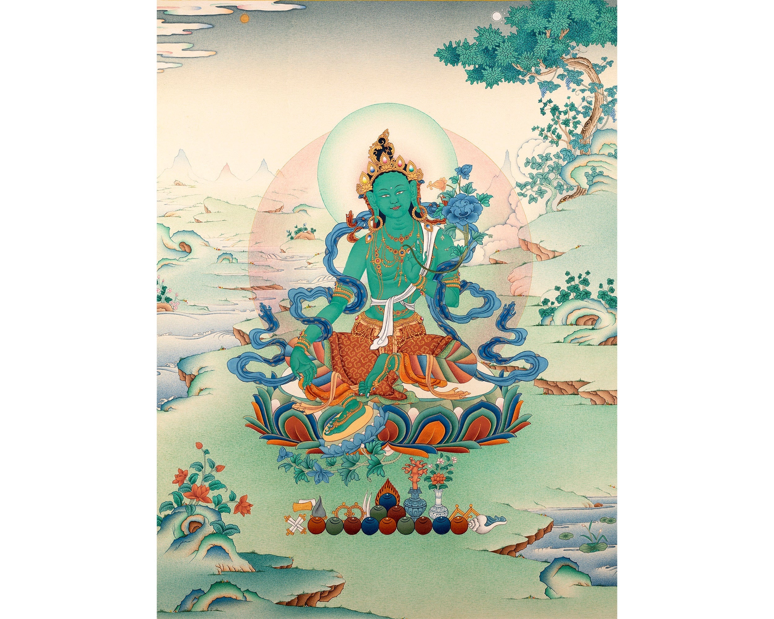 Green Tara | Traditional Tibetan Tara Thangka in Natural stone colors