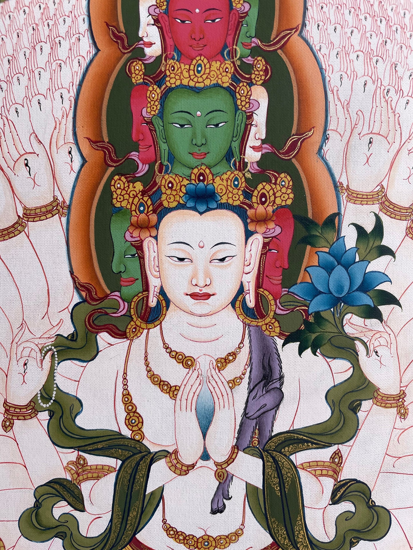 1000 Armed Avalokiteshvara | Original Hand Painted Mount Brocaded Thangka