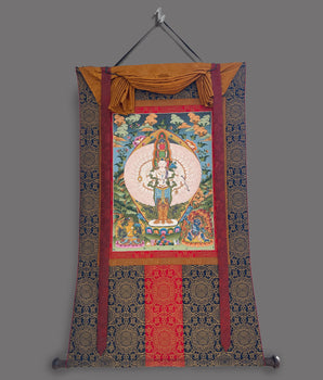 1000 Armed Avalokiteshvara | Original Hand Painted Mount Brocaded Thangka
