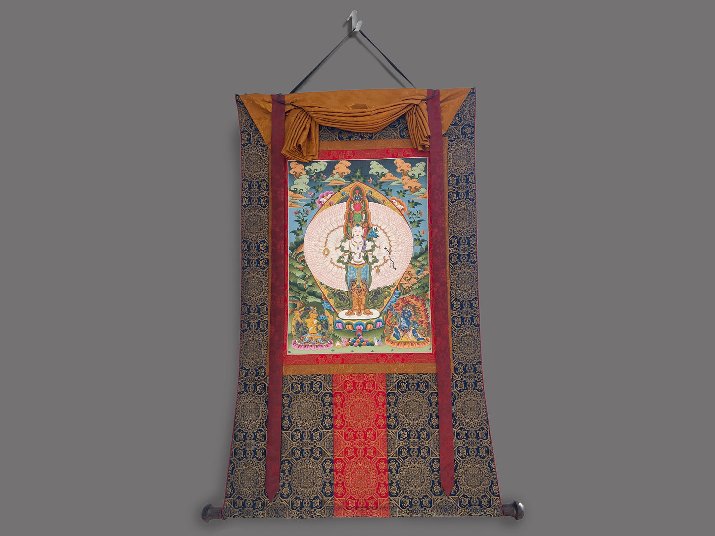 1000 Armed Avalokiteshvara | Original Hand Painted Mount Brocaded Thangka