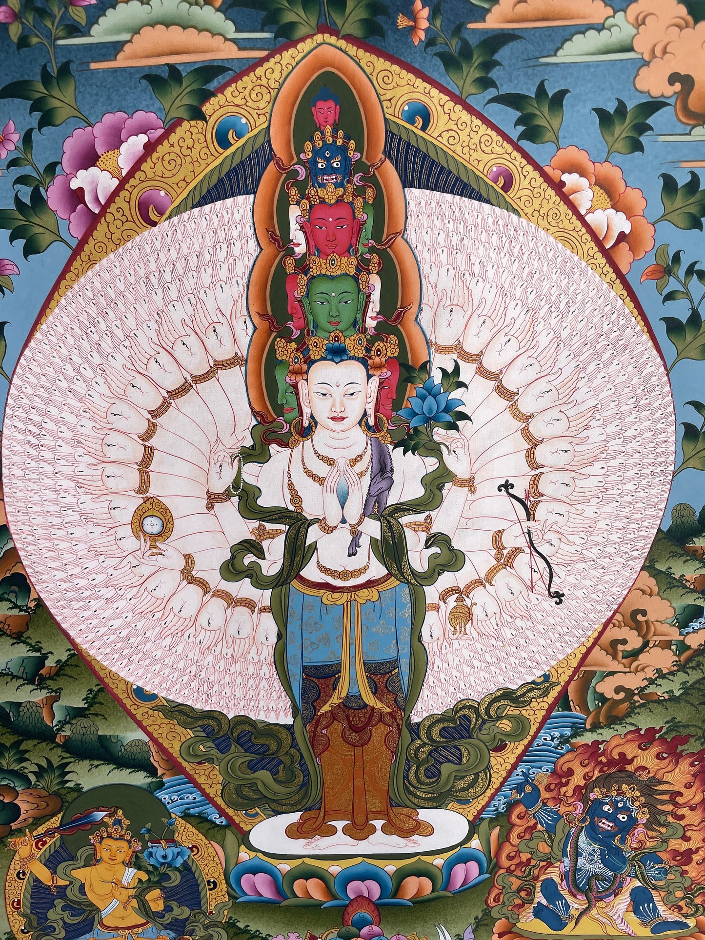 1000 Armed Avalokiteshvara | Original Hand Painted Mount Brocaded Thangka