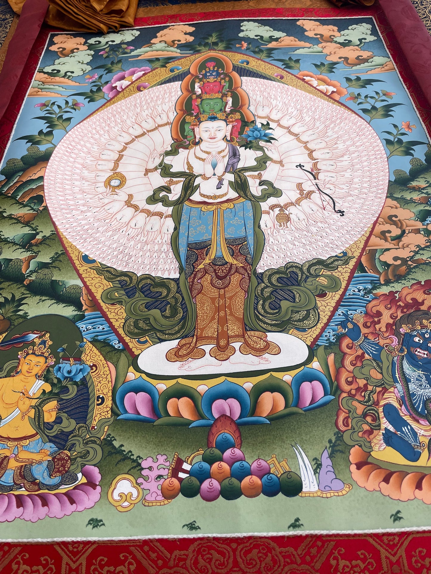 1000 Armed Avalokiteshvara | Original Hand Painted Mount Brocaded Thangka