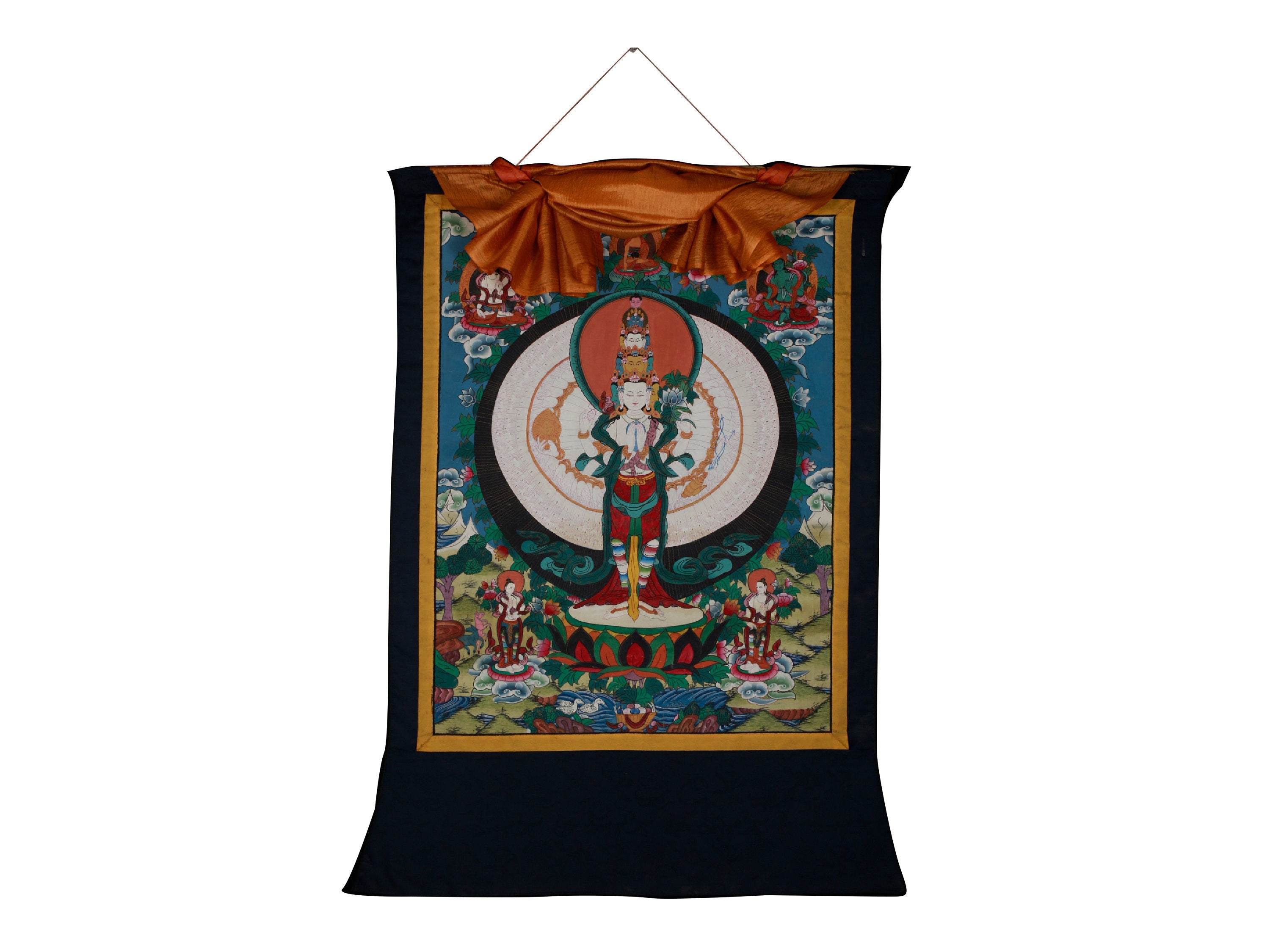 Vintage Arya Lokeshvara | Old Brocade mounted Chengrezig Thangka