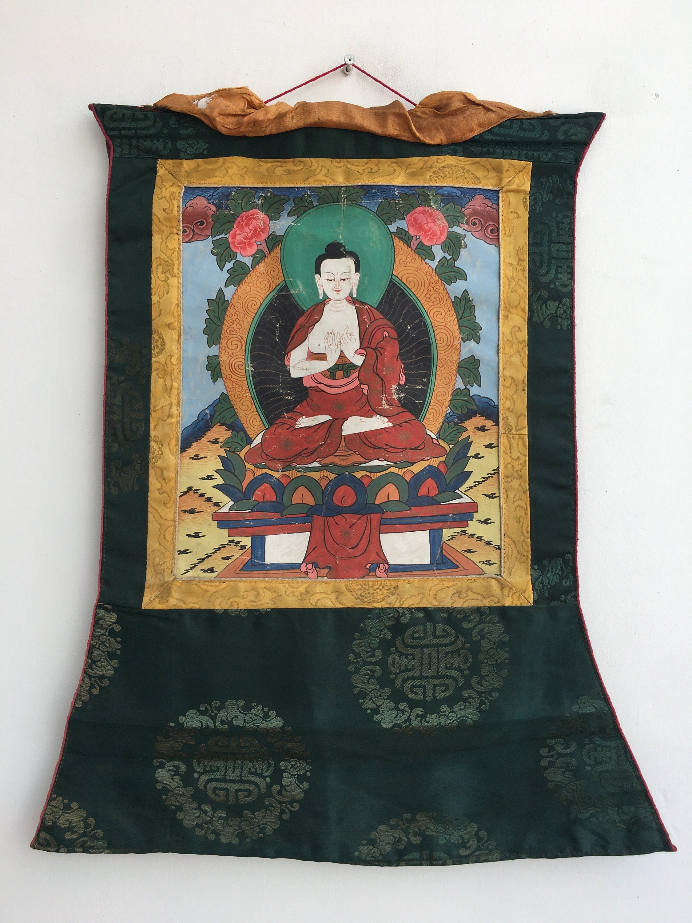 Vintage Vairocana Buddha Thangka | Mounted Brocade Art | Tibetan Wall Decoration