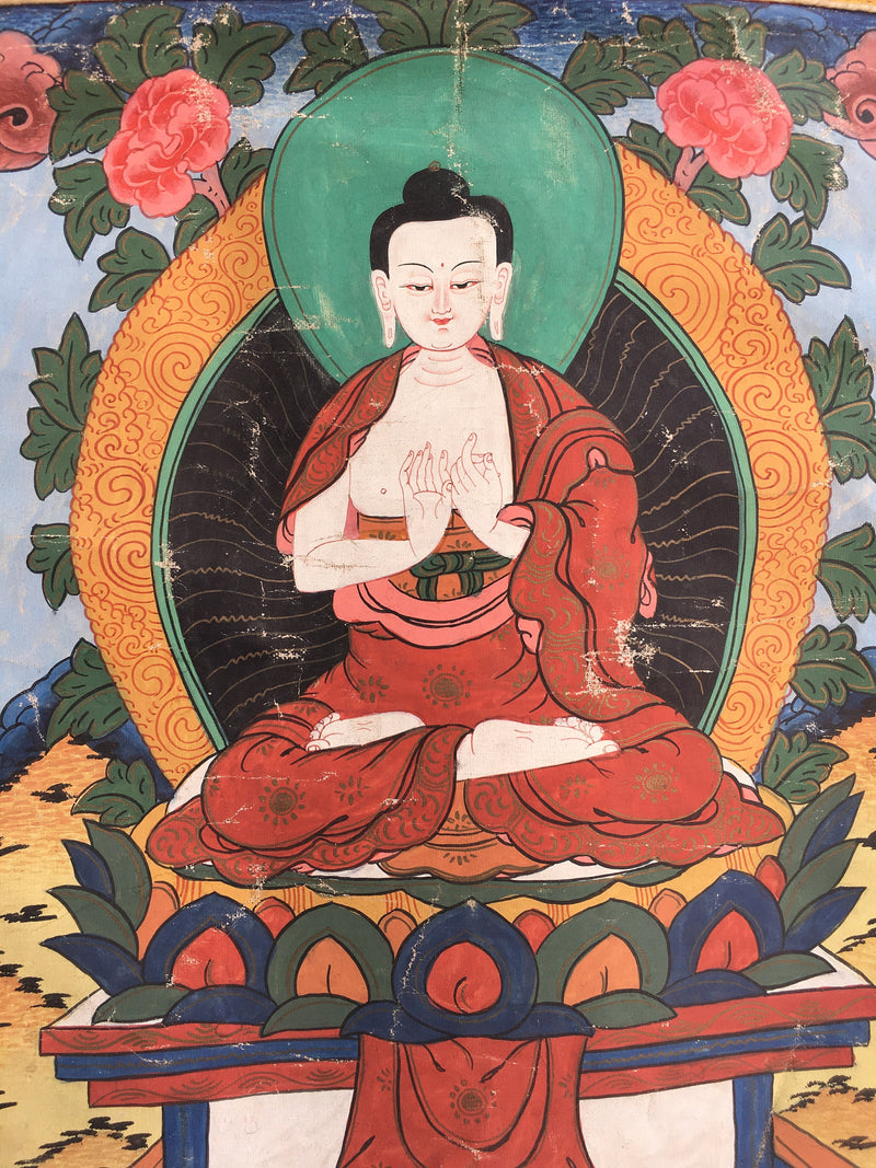 Vintage Vairocana Buddha Thangka | Mounted Brocade Art | Tibetan Wall Decoration