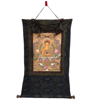 Shakyamuni Buddha Thangka Mounted on Brocade | Buddhist Hand Painted Art