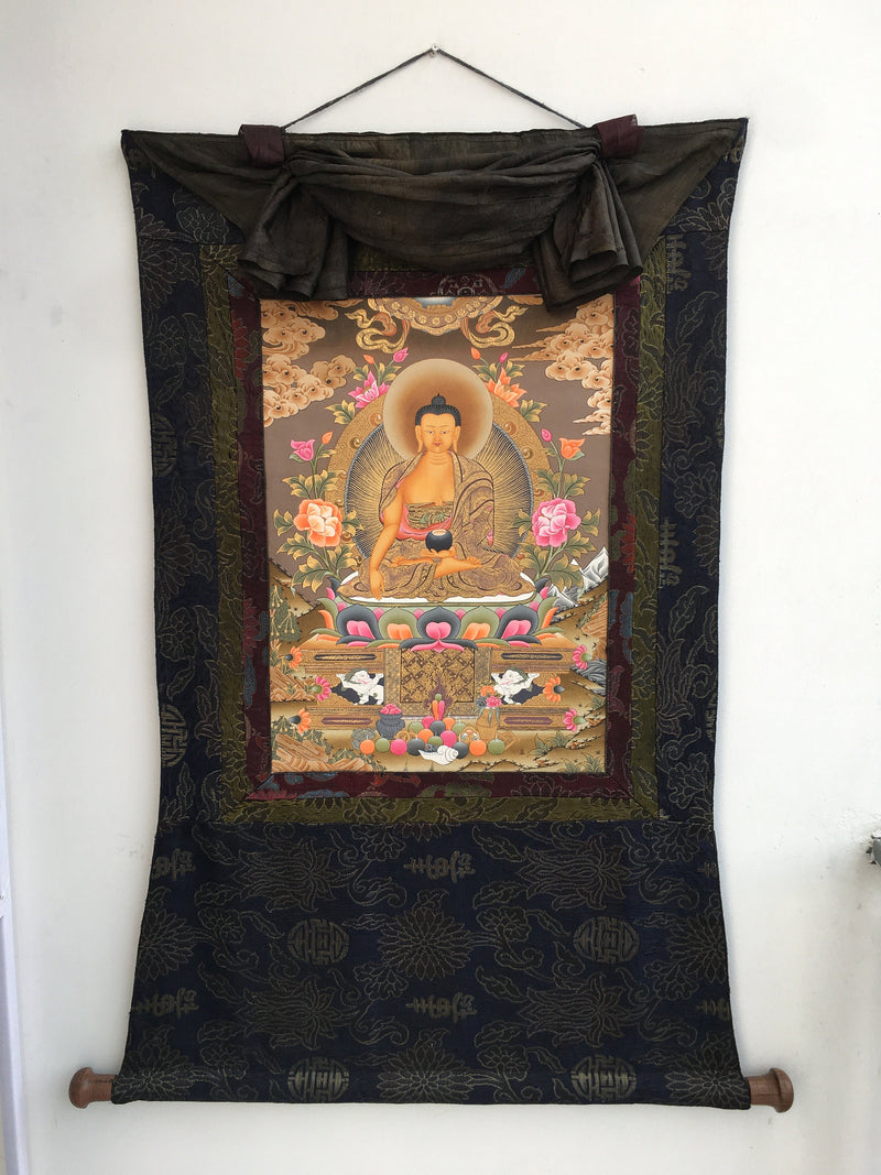 Shakyamuni Buddha Thangka Mounted on Brocade | Buddhist Hand Painted Art