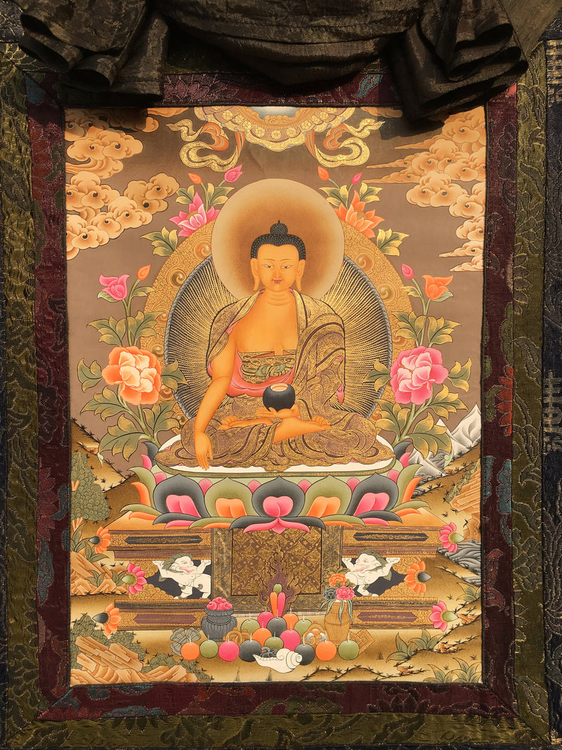 Shakyamuni Buddha Thangka Mounted on Brocade | Buddhist Hand Painted Art