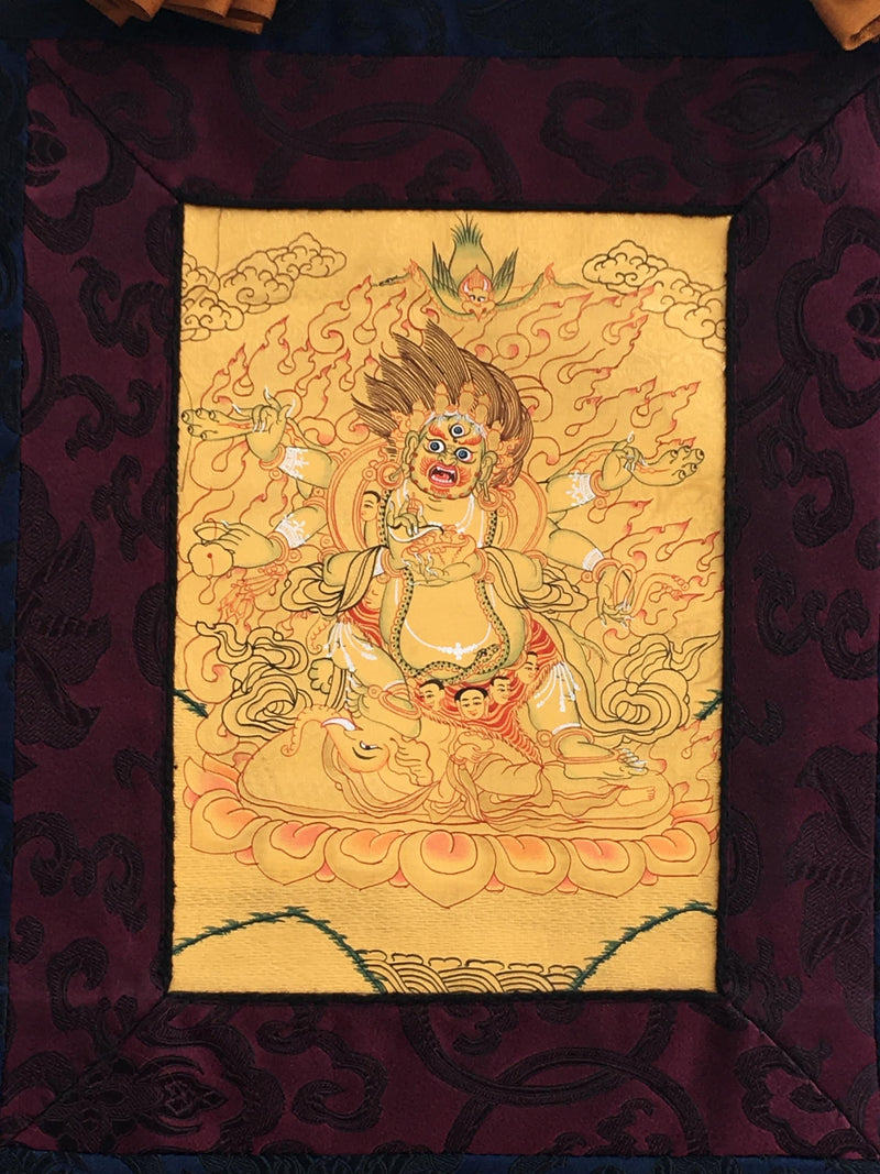 Six- Armed Mahakala| Hand Painted Buddhist Art | Brocade Mounted | Small Size  Buddhist Painting for wall decoration and alter space