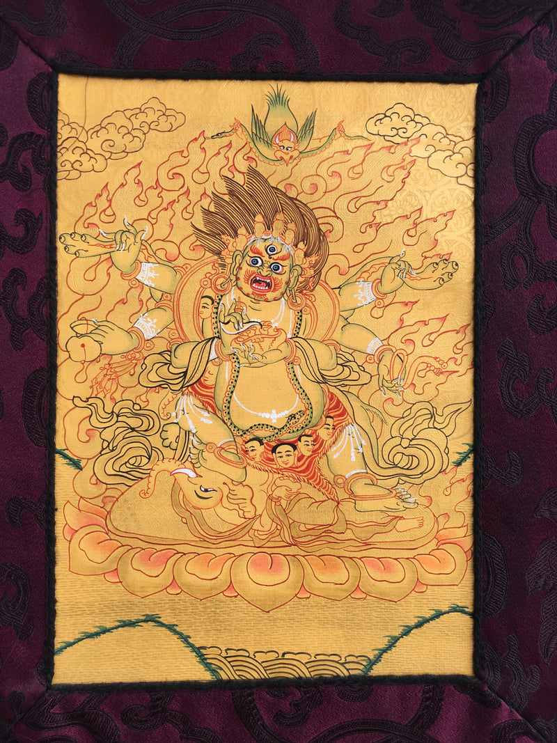 Six- Armed Mahakala| Hand Painted Buddhist Art | Brocade Mounted | Small Size  Buddhist Painting for wall decoration and alter space