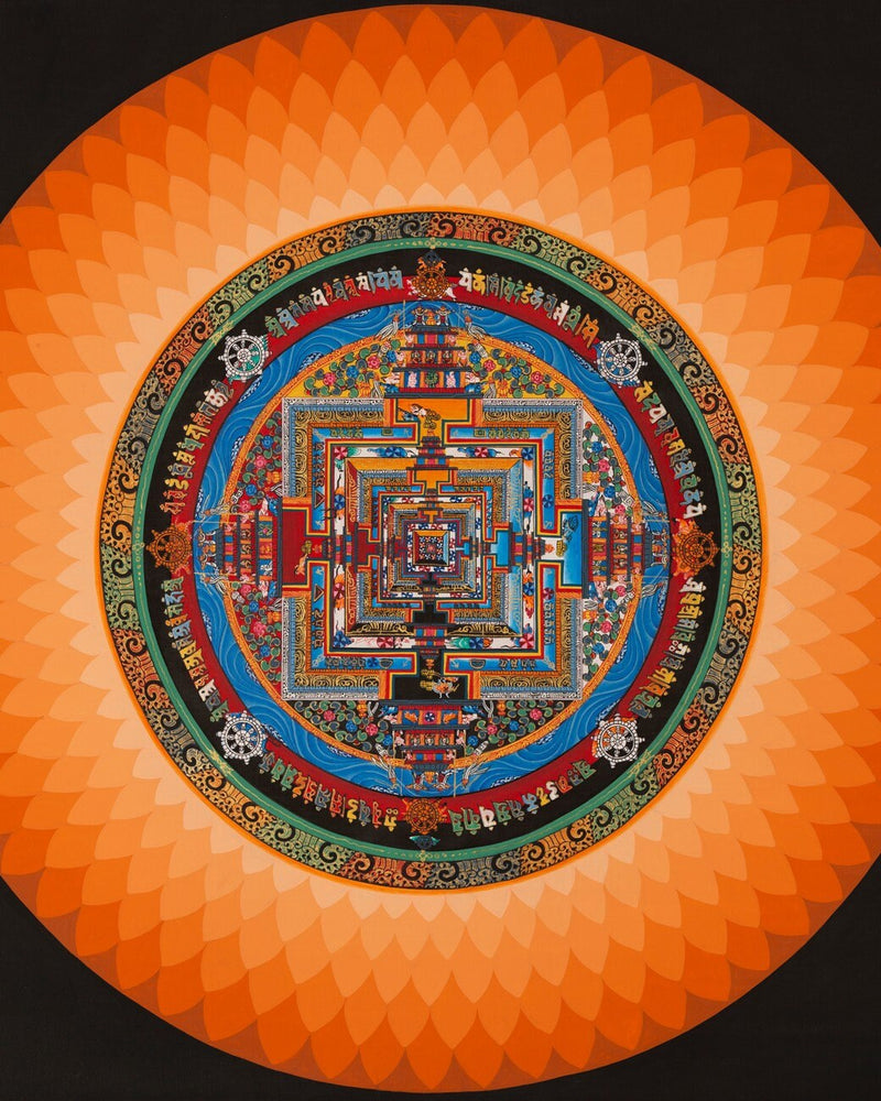 Aura Kalachakra Mandala | Orange Colored Flower Petal Shaped Halo | Handpainted Tibetan Art