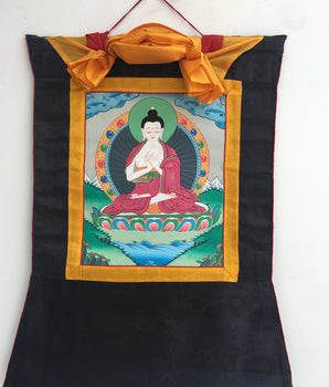 Small sized Vairochana Buddha Brocade Mounted | Original Hand Painted Tibetan Art