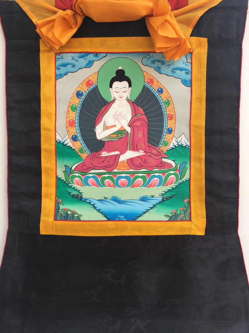 Small sized Vairochana Buddha Brocade Mounted | Original Hand Painted Tibetan Art