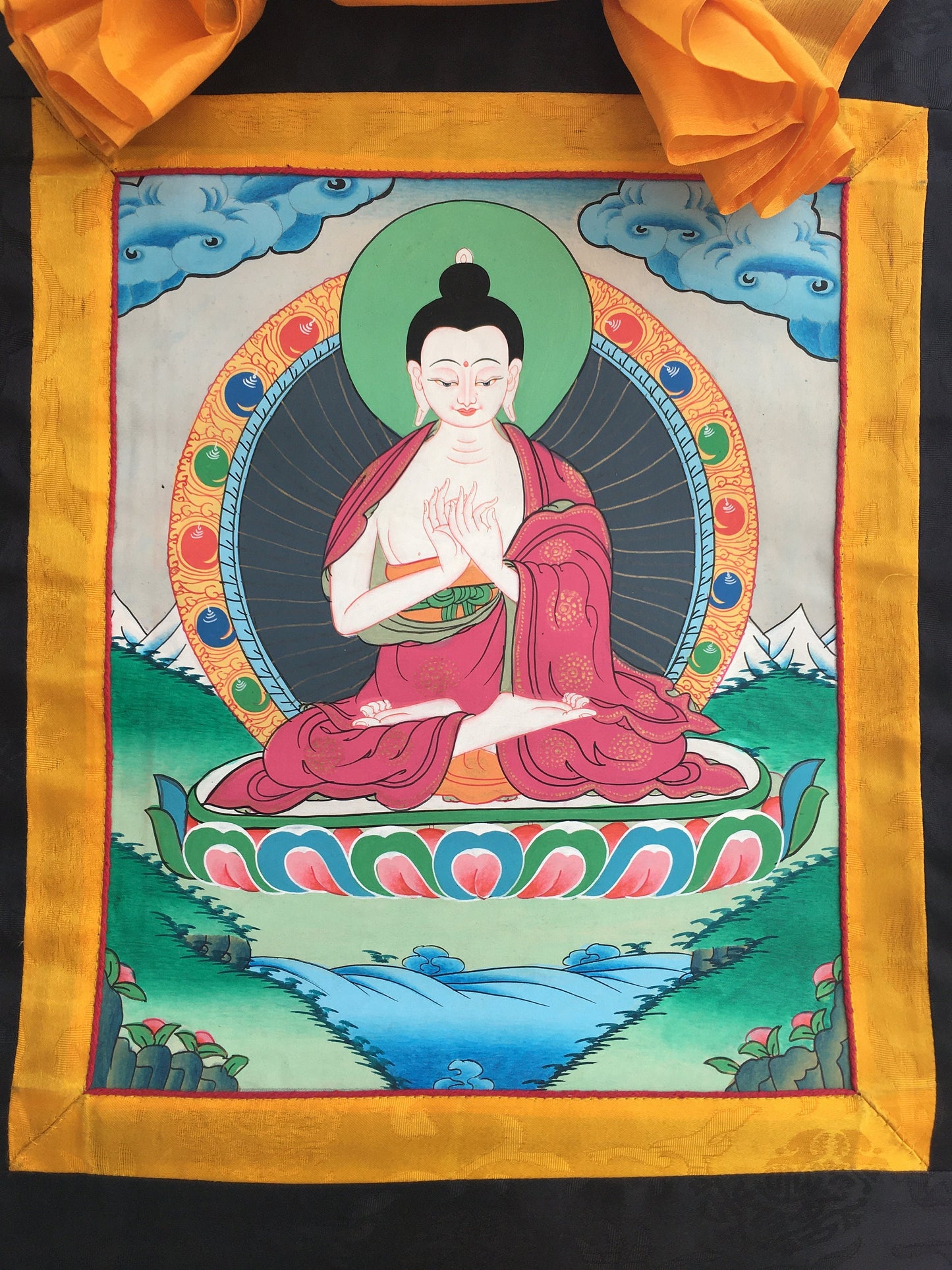 Small sized Vairochana Buddha Brocade Mounted | Original Hand Painted Tibetan Art