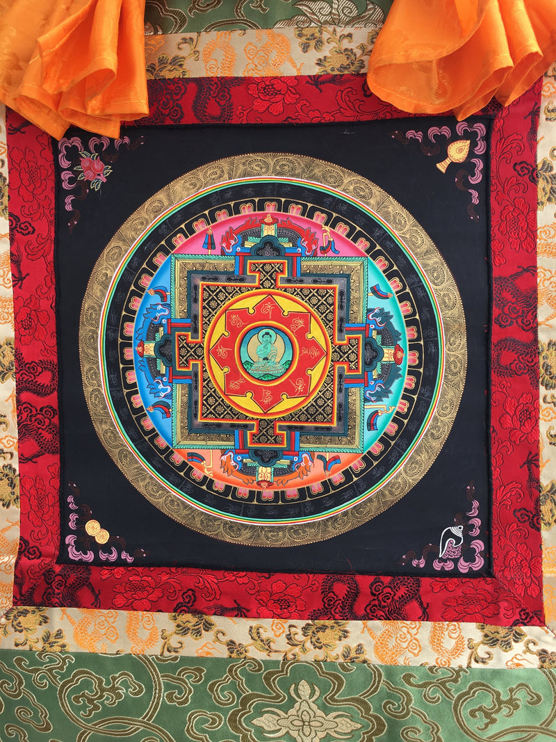 Brocade Mounted Mandala With Amoghsiddhi | Wall Hanging Mandala Art