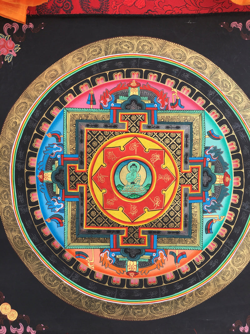 Brocade Mounted Mandala With Amoghsiddhi | Wall Hanging Mandala Art