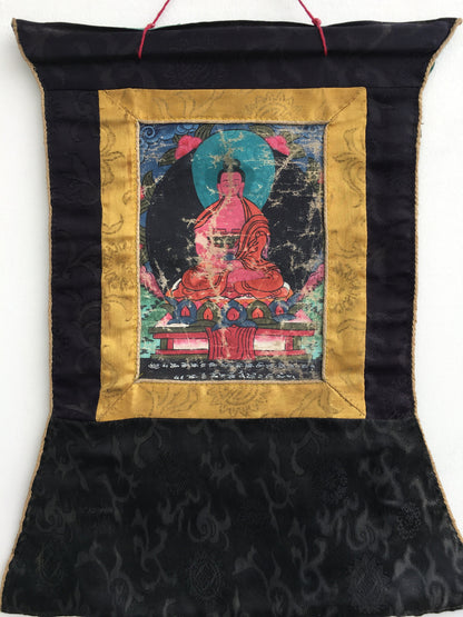 Vintage Amitabha Buddha Thangka | Brocade Mounted Thangka | Tibetan Wall Decoration Art