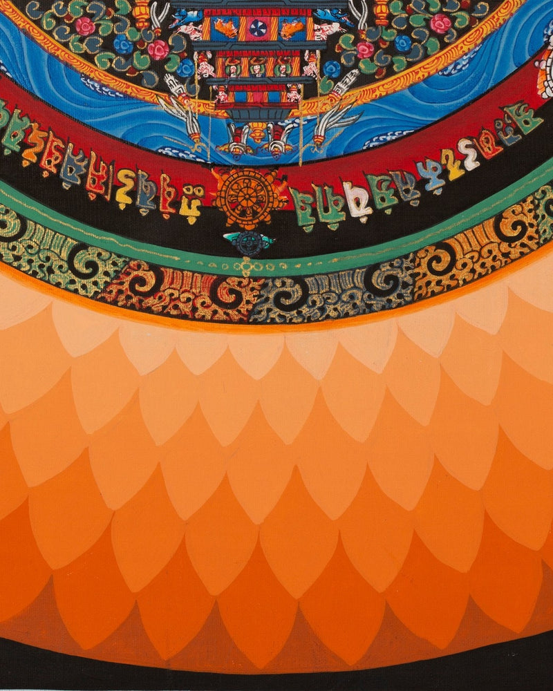 Aura Kalachakra Mandala | Orange Colored Flower Petal Shaped Halo | Handpainted Tibetan Art