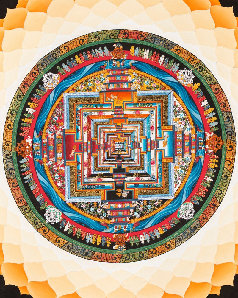 Tibetan Kalachakra Mandala Thangka | Tibetan Buddhist Art | Lotus Designed Wheel of Time Mandala | Genuine Hand Painted Tibetan Lotus Mandala