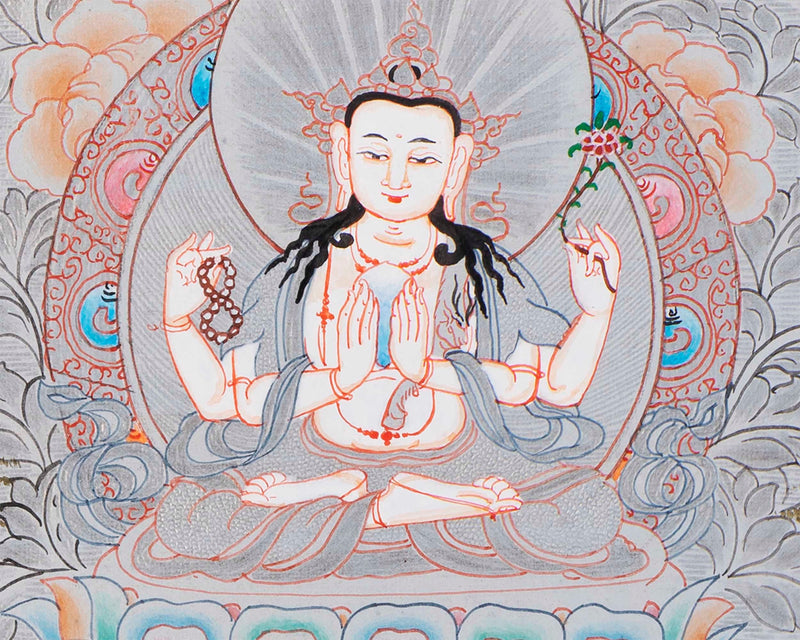 Chegrezig Mandala Thangka | Hand Painted covered with Pure Silver