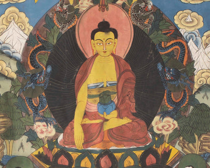 Buddhist Thangka painting | Shakyamuni Buddha with two chief Disciples