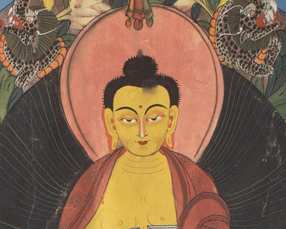 Buddhist Thangka painting | Shakyamuni Buddha with two chief Disciples