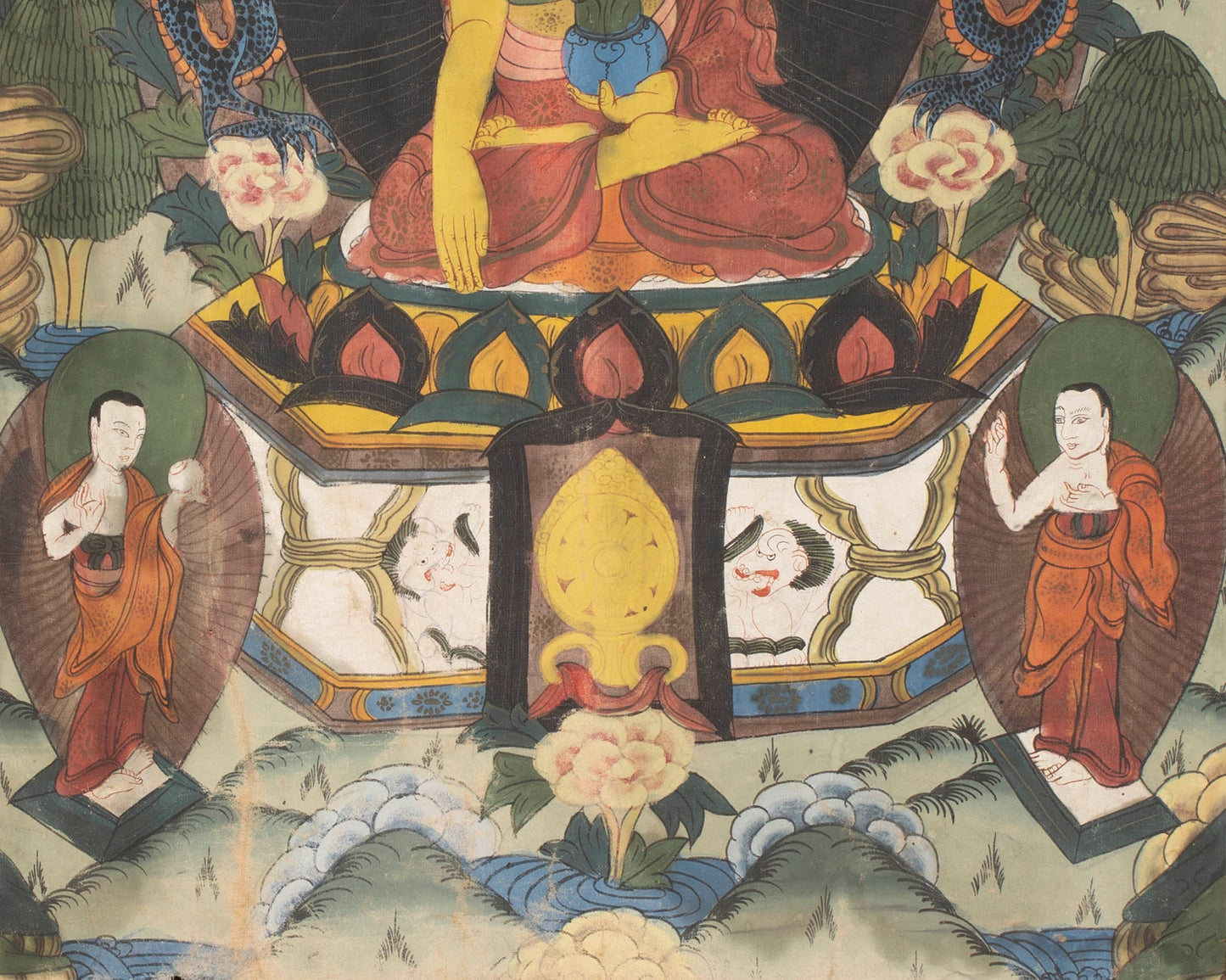 Buddhist Thangka painting | Shakyamuni Buddha with two chief Disciples