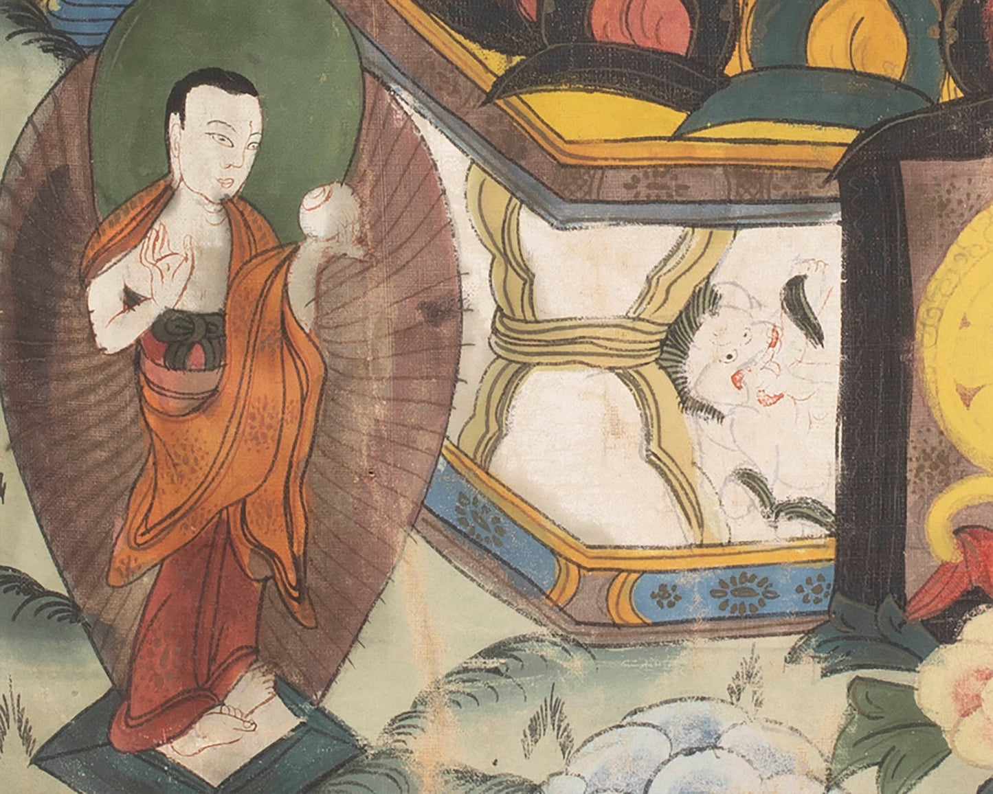 Buddhist Thangka painting | Shakyamuni Buddha with two chief Disciples