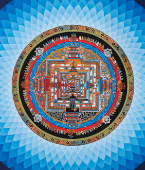 Blue Halo Kalachakara Mandala Thangka | Wheel Of Time Tibetan Painting | Genuine Hand Painted Tibetan Wall Hanging Decoration