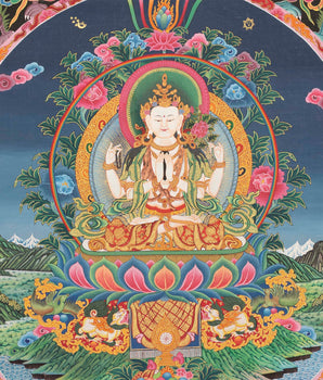 4 Armed Chengrezig Thangka | Buddhist Newari Art Style from Kathmandu Nepal