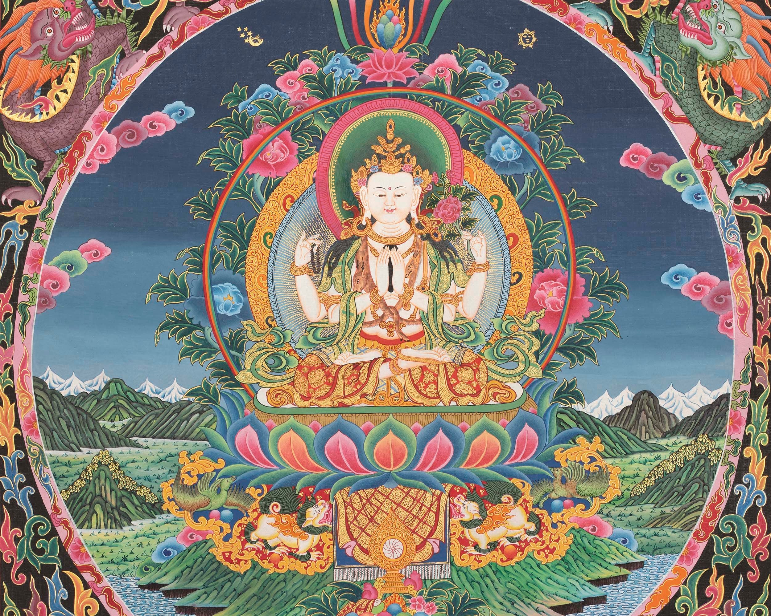 4 Armed Chengrezig Thangka | Buddhist Newari Art Style from Kathmandu Nepal