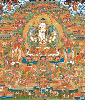Traditional 4 Armed Chengrezig Buddha | Horizontal Original Thangka Painting | 24K Gold Work