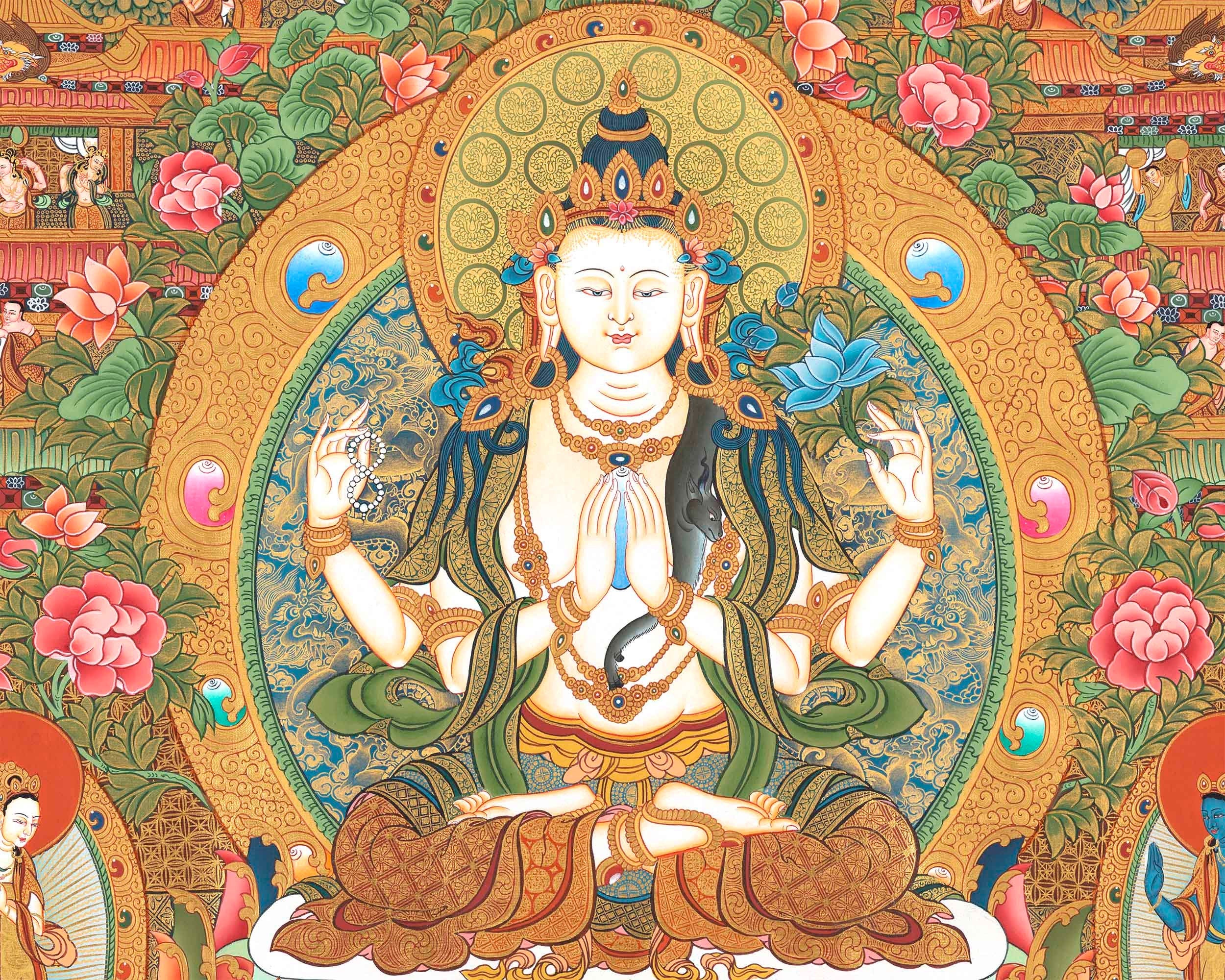 Traditional 4 Armed Chengrezig Buddha | Horizontal Original Thangka Painting | 24K Gold Work