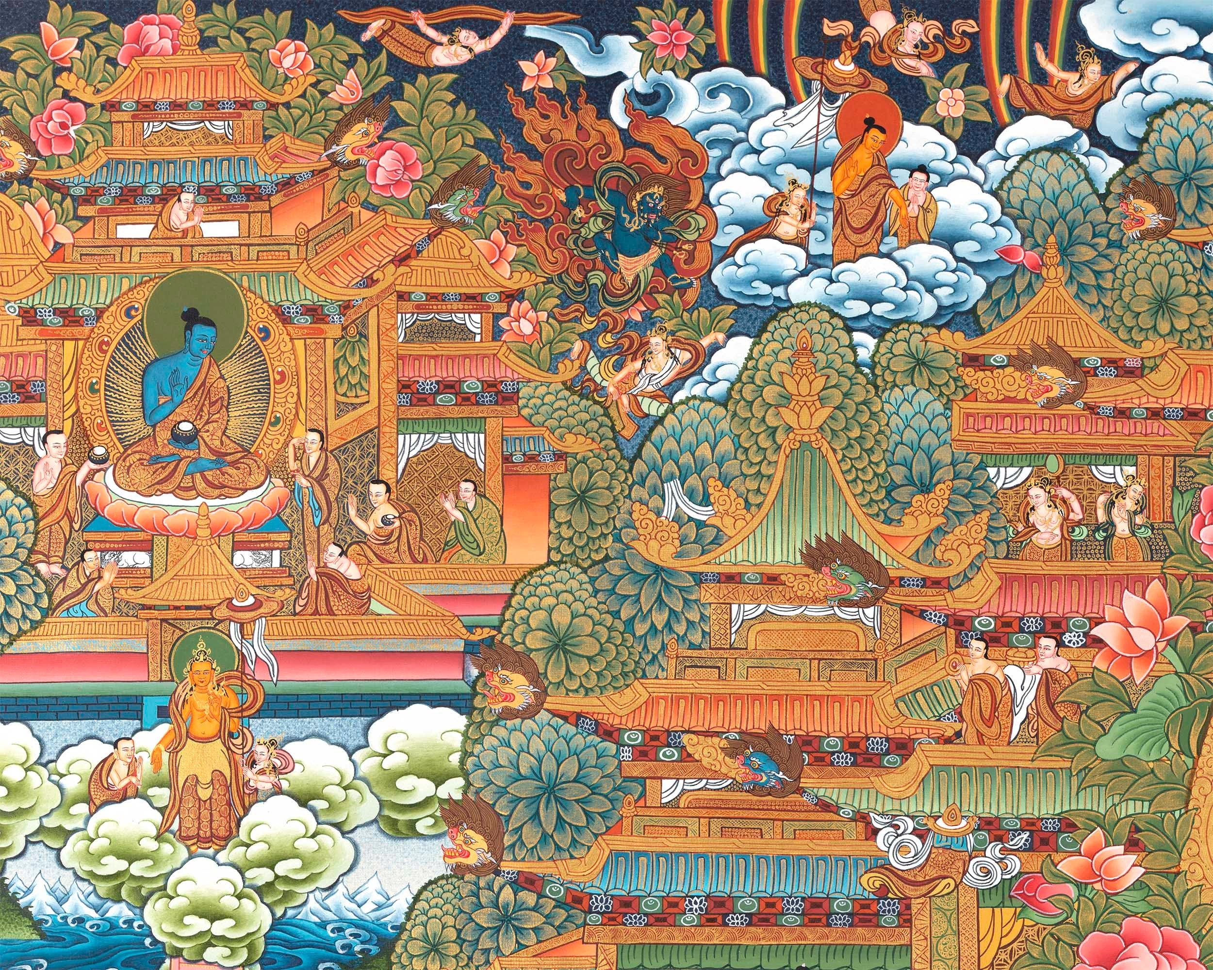 Traditional 4 Armed Chengrezig Buddha | Horizontal Original Thangka Painting | 24K Gold Work
