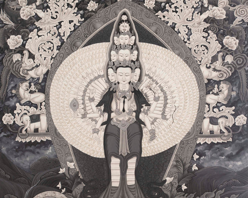 Avalokiteshvara Bodhisattva  | Black White Painting Thangka