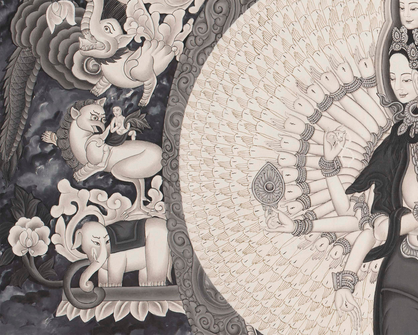 Avalokiteshvara Bodhisattva  | Black White Painting Thangka