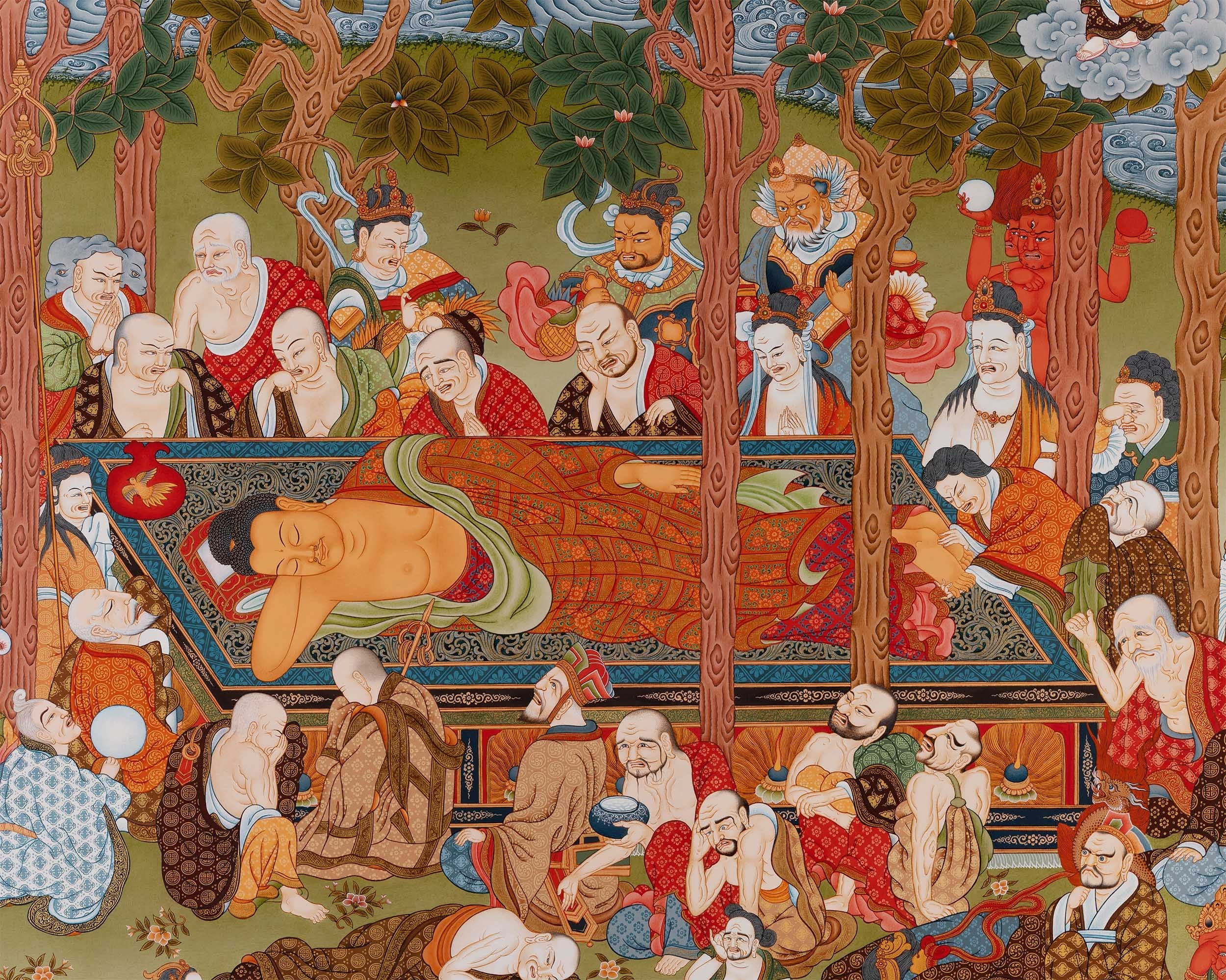 Buddha's Mahaparanirvana Thangka | Buddhist Handpainted Artwork | Wall Hanging Decor