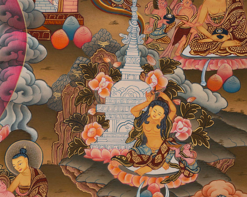 Bhagvana Buddha Life Story Thangka Painting | For Awareness Into Your Lives By Contemplating The Teachings Of The Sage | Religious Wall Decor