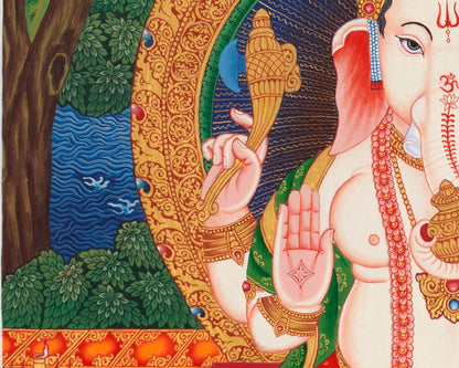 Ganesh Thangka Painting With Kartikeya and Saraswati | Original Hand Painted Ganapati Baba Canvas Art | Wall Hanging Religious Gift