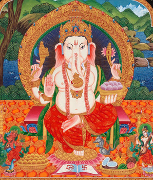 Ganesh Thangka Painting With Kartikeya and Saraswati | Original Hand Painted Ganapati Baba Canvas Art | Wall Hanging Religious Gift