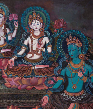 Handpainted Boddhisattvas Thangka | Chenrezig, White, and Green Tara |  Artwork