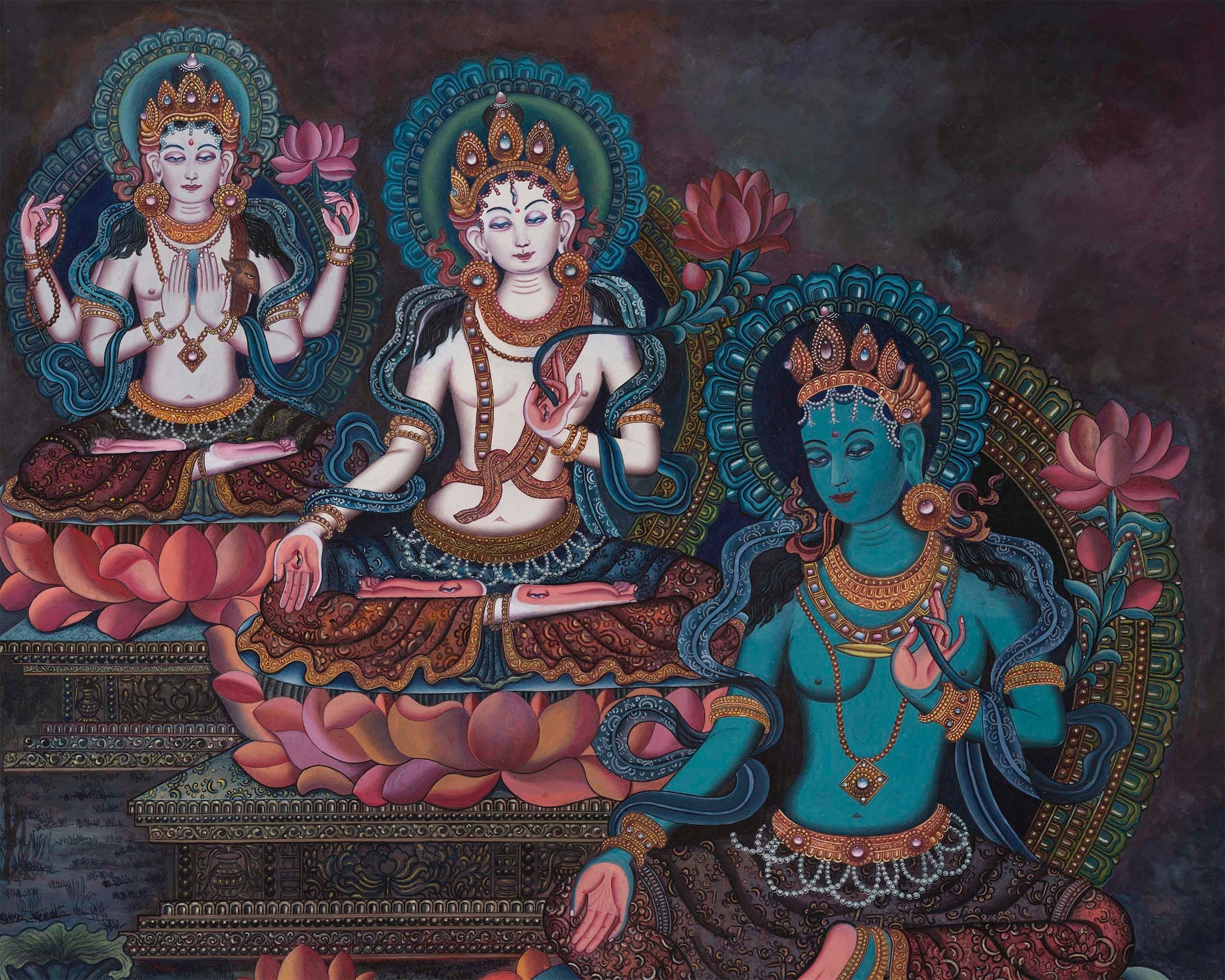 Digital Prints | Boddhisattvas Thangka Print | Green, White Tara and Chenrezig
