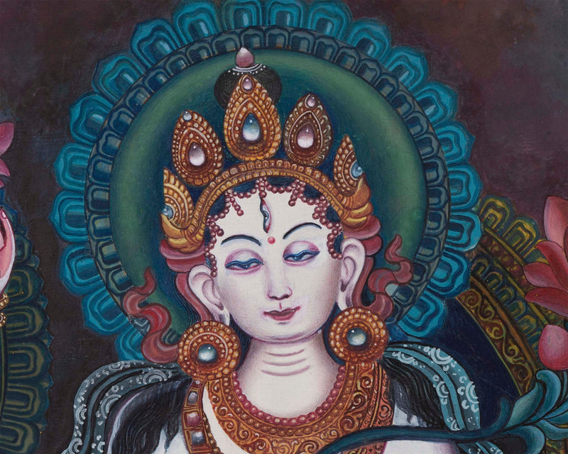 Digital Prints | Boddhisattvas Thangka Print | Green, White Tara and Chenrezig