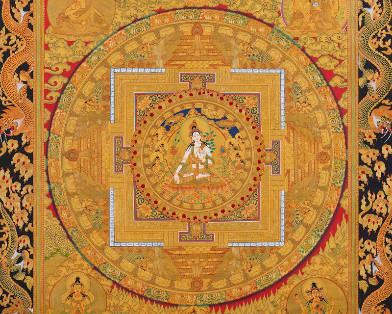 White Tara Mandala | Buddhist Thangka Painting | Himalayan Art for Decoration and Meditation | 24K Gold Tibetan Buddhist Ritual Thanka